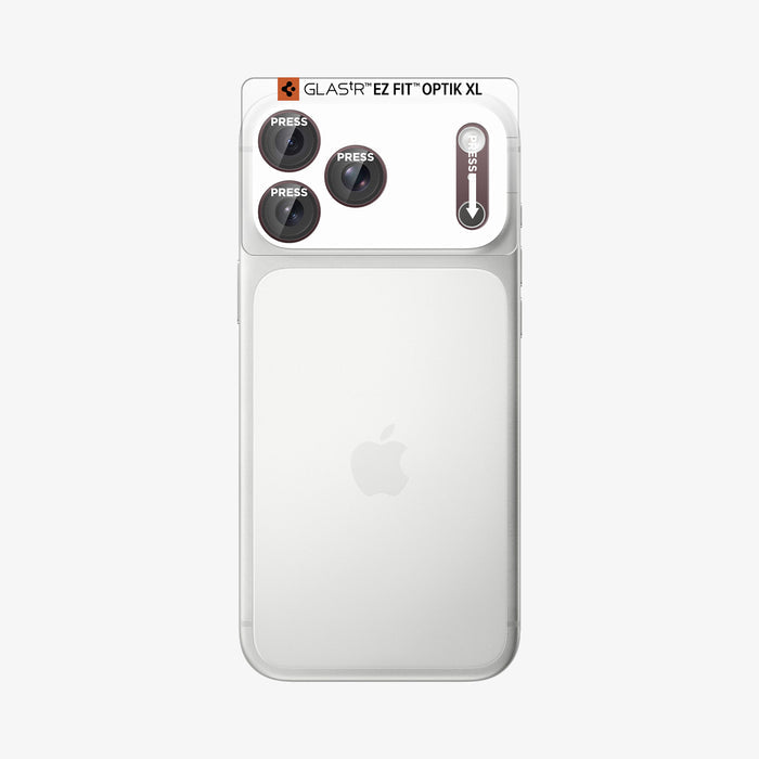 AGL12040 - iPhone 18 Pro Max Optik Pro XL EZ Fit Lens Protector in burgundy showing an alignment tray positioned over the camera area for precise installation.