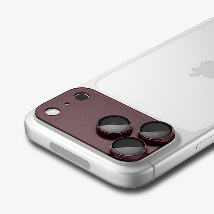 AGL12040 - iPhone 18 Pro Max Optik Pro XL EZ Fit Lens Protector in burgundy showing the installed lens protector covering the full camera area with precise cutouts.