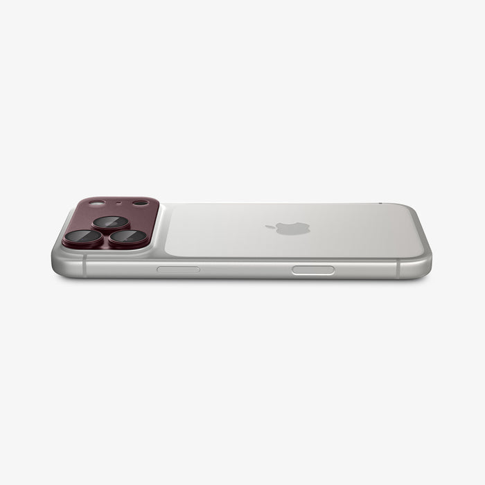 AGL12040 - iPhone 18 Pro Max Optik Pro XL EZ Fit Lens Protector in burgundy showing the installed lens protector sitting flush along the camera area.