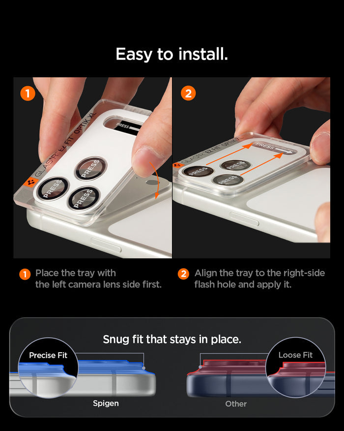 AGL12040 - iPhone 18 Pro Max Optik Pro XL EZ Fit Lens Protector in burgundy showing a two-step installation process using the alignment tray for a precise and secure fit.