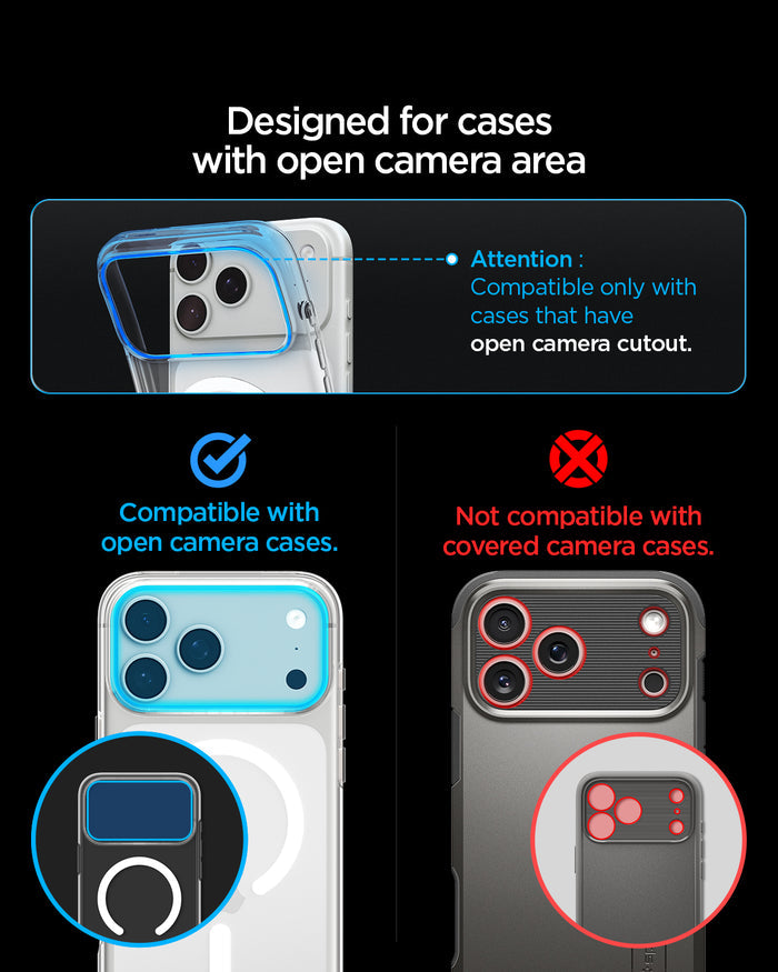 AGL12040 - iPhone 18 Pro Max Optik Pro XL EZ Fit Lens Protector in burgundy showing compatibility with cases featuring an open camera area and incompatibility with covered camera designs.
