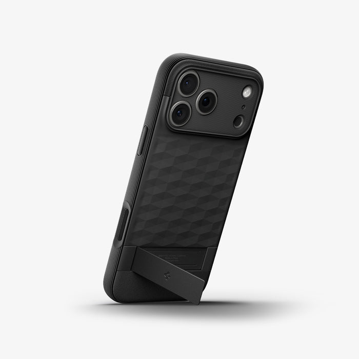ACS09911CB - iPhone 18 Pro Max / iPhone 17 Pro Max Parallax S (Mag Fit) in Matte Black showing the device propped up by built in kickstand