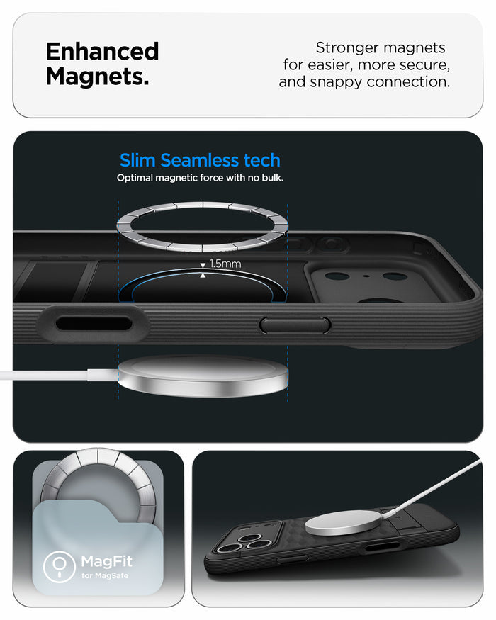 ACS09911CB - iPhone 18 Pro Max / iPhone 17 Pro Max Parallax S (Mag Fit) in Matte Black showing the enhanced magnets. Stronger magnets for easier, more secure and snappy connection