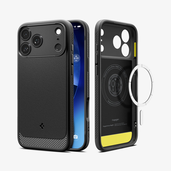 ACS09886CA - iPhone 17 Pro Max Rugged Armor (MagFit) in Matte Black showing the back, partial sides, front, inner of the case and metal ring plate hovering in front