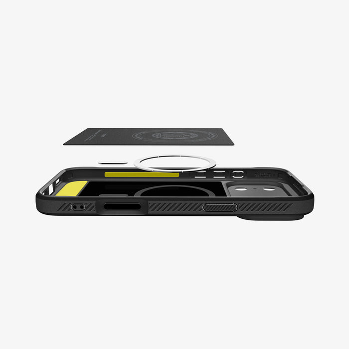 ACS09886CA - iPhone 17 Pro Max Rugged Armor (MagFit) in Matte Black showing the detached inner soft layer cover hovering above the detached metal ring plate and the inner of the case