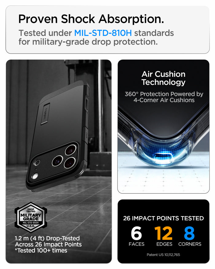 ACS09897CC - iPhone 18 Pro Max / iPhone 17 Pro Max Tough Armor T Mag Fit Black showing military-grade drop protection with Air Cushion Technology and reinforced impact protection