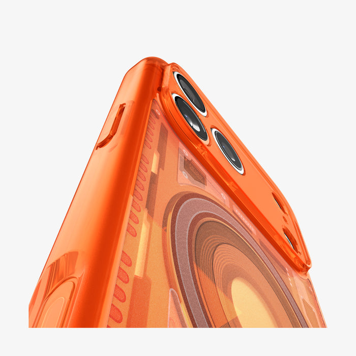 ACS11755 - iPhone 18 Pro Max / iPhone 17 Pro Max Ultra Hybrid C-One (Mag Fit) Tangerine showing a close-up of the transparent construction, raised camera protection, and detailed back design
