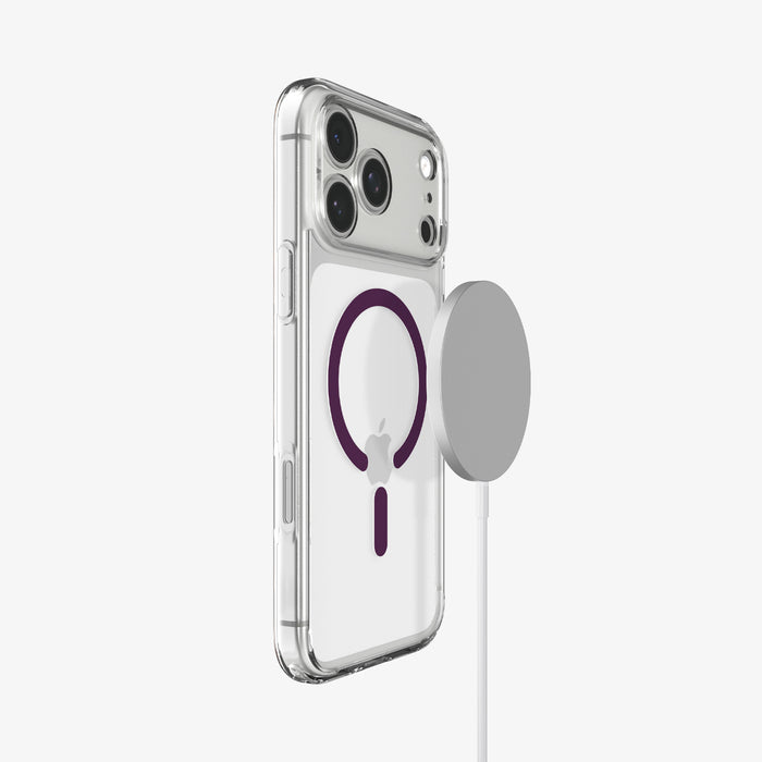 ACS12331 -  iPhone 18 Pro Max / iPhone 17 Pro Max Ultra Hybrid (MagFit) in Clear Dark Cherry showing the front of layer hovering above the magfit magnet plate and the case