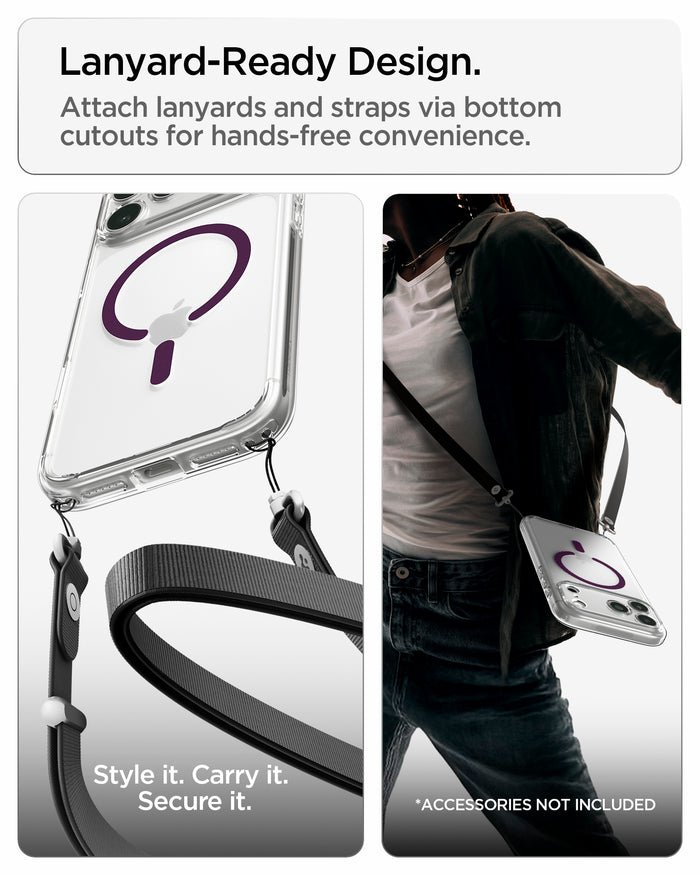 ACS12331 -  iPhone 18 Pro Max / iPhone 17 Pro Max Ultra Hybrid (MagFit) in Clear Dark Cherry showing bottom lanyard cutouts for attaching straps and hands-free carrying convenience
