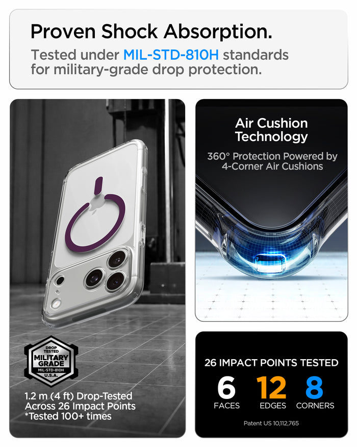 ACS12331 -  iPhone 18 Pro Max / iPhone 17 Pro Max Ultra Hybrid (MagFit) in Clear Dark Cherry showing military-grade drop protection with Air Cushion Technology and reinforced corner impact absorption