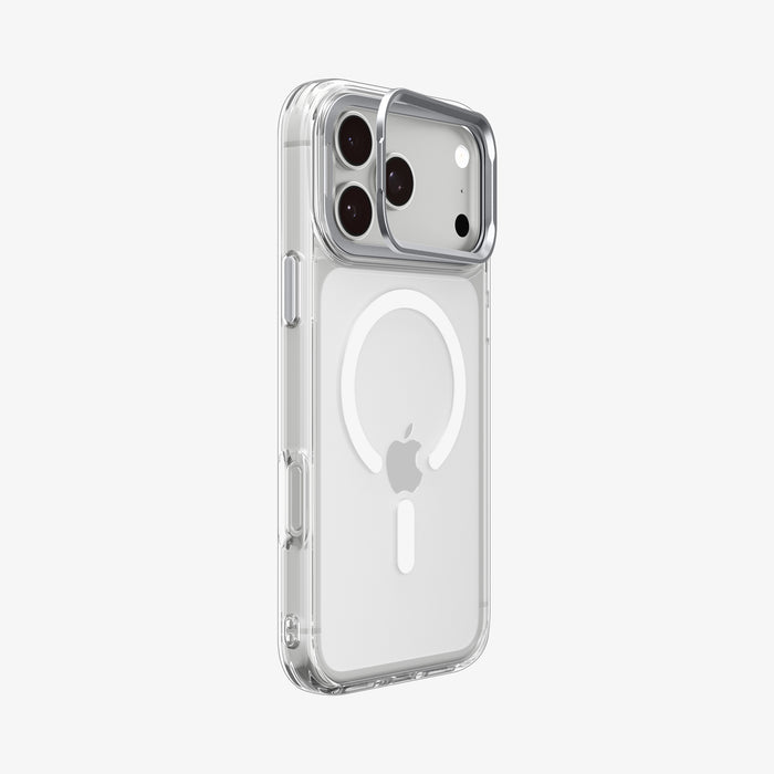 ACS11908 - iPhone 18 Pro Max / iPhone 17 Pro Max Ultra Hybrid Optik S (Mag Fit) Clear Silver showing an angled rear view highlighting the clear case and raised camera ring stand