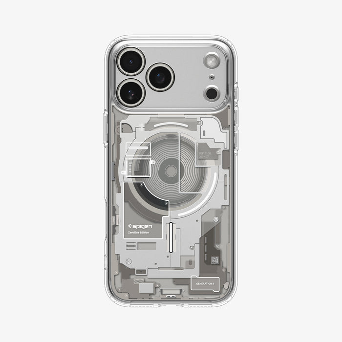 ACS10041CC -  iPhone 18 Pro Max / iPhone 17 Pro Max Ultra Hybrid Zero One (MagFit) Natural Titanium showing a clear case with a detailed teardown-inspired back design and integrated magnetic ring