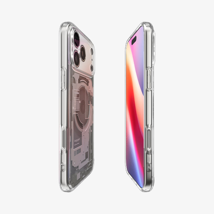 ACS10041CC -  iPhone 18 Pro Max / iPhone 17 Pro Max Ultra Hybrid Zero One (MagFit) Natural Titanium showing front and back angled views with a clear profile, covered buttons, and detailed teardown-inspired graphics