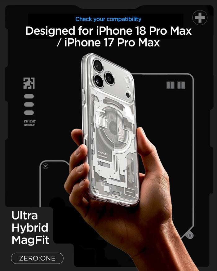 ACS10041CC -  iPhone 18 Pro Max / iPhone 17 Pro Max Ultra Hybrid Zero One (MagFit) Natural Titanium showing a transparent case with a detailed schematic back design and integrated magnetic alignment