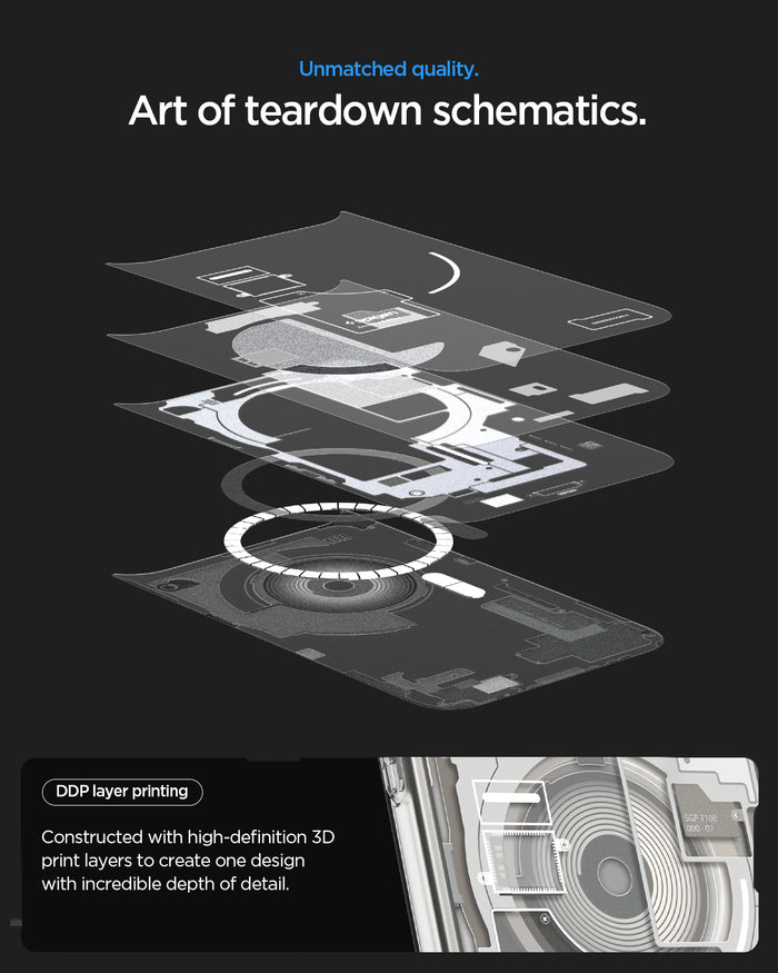 ACS10041CC -  iPhone 18 Pro Max / iPhone 17 Pro Max Ultra Hybrid Zero One (MagFit) Natural Titanium showing high-definition layered printing that creates a detailed teardown-inspired schematic design