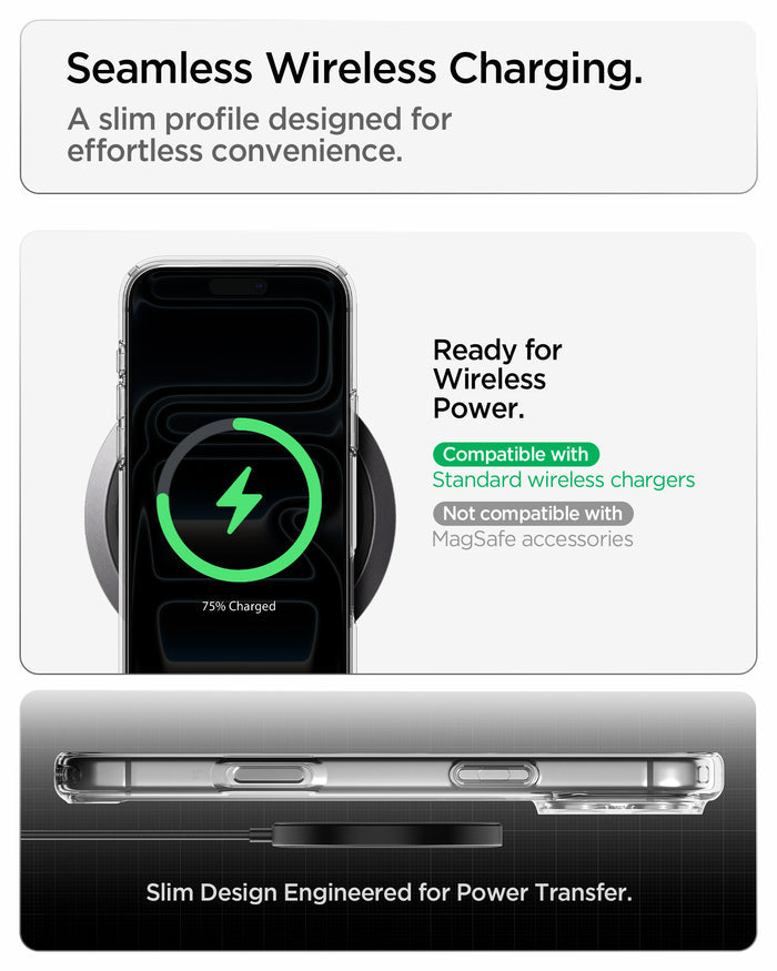 ACS10033 - iPhone 17 Pro Max Ultra Hybrid in Crystal Clear showing a slim case supporting standard wireless charging with efficient power transfer