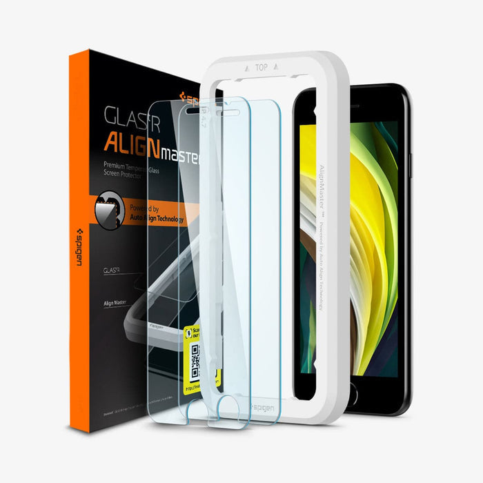 AGL01867 - iPhone 7 Alignmaster Full Cover Screen Protector showing the device, alignmaster tray, two screen protectors and packaging