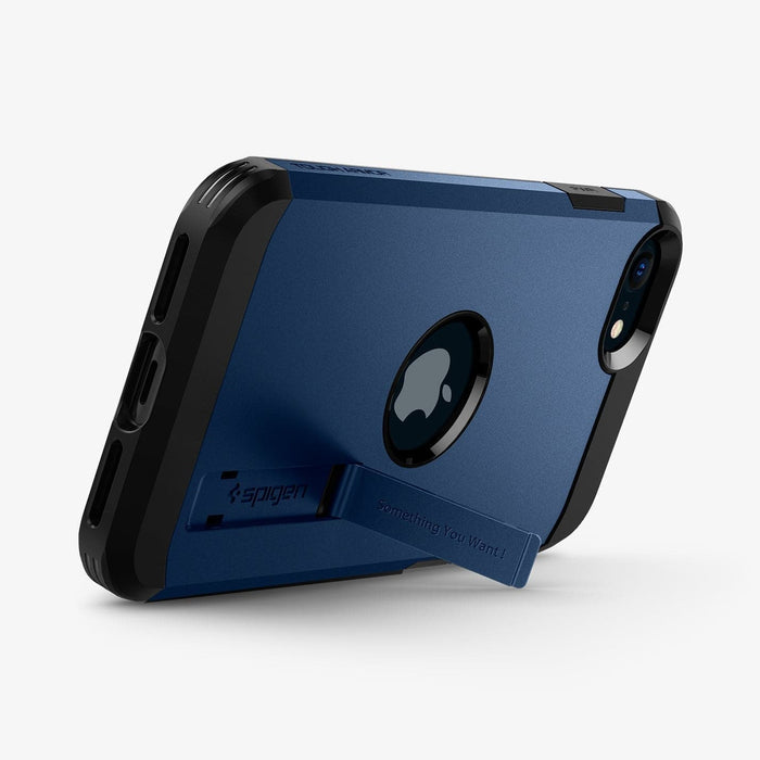 ACS04347 - iPhone 7 Series Tough Armor Case in Navy Blue showing the back propped up by built in kickstand