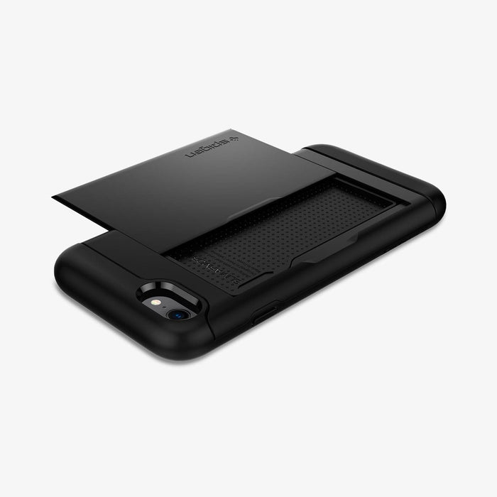 042CS20455 - iPhone 8 Series Slim Armor CS Case in Black showing the back with card slider out, flat