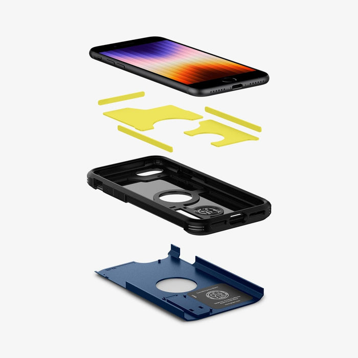 ACS04347 - iPhone 8 Series Tough Armor Case in Navy Blue showing the device hovering above the impact foam of case, back and hard layer