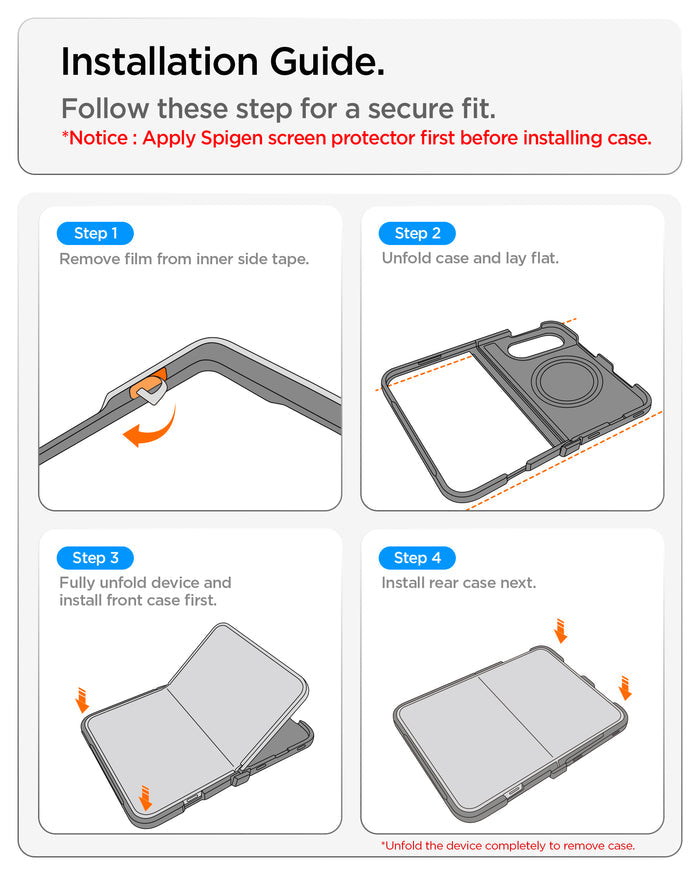 ACS11694 - iPhone Duo Air Fit Pro (Mag Fit) showing a four-step installation guide for applying the case securely to a foldable device.