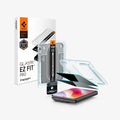 AGL12009 - iPhone Duo GLAS.tR EZ Fit Pro | Privacy showing the screen protector, installation tray, packaging, and application components in an exploded product view.