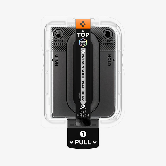 AGL12009 - iPhone Duo GLAS.tR EZ Fit Pro | Privacy showing the screen protector installation tray with labeled pull, hold, and press-and-slide instructions.