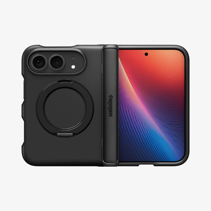 ACS11780 - iPhone Duo Slim Armor Pro S (Mag Fit) showing the case fully open with integrated circular kickstand, hinge protection, and raised camera edges