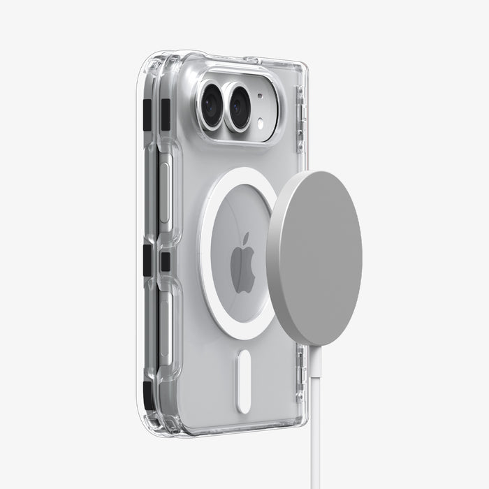 ACS11688 - iPhone Duo Ultra Hybrid Pro (Mag Fit) in Clear White showing magnetic accessory compatibility with a secure attachment