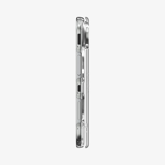 ACS11688 - iPhone Duo Ultra Hybrid Pro (Mag Fit) in Clear White showing the slim side profile with precise button cutouts and hinge protection