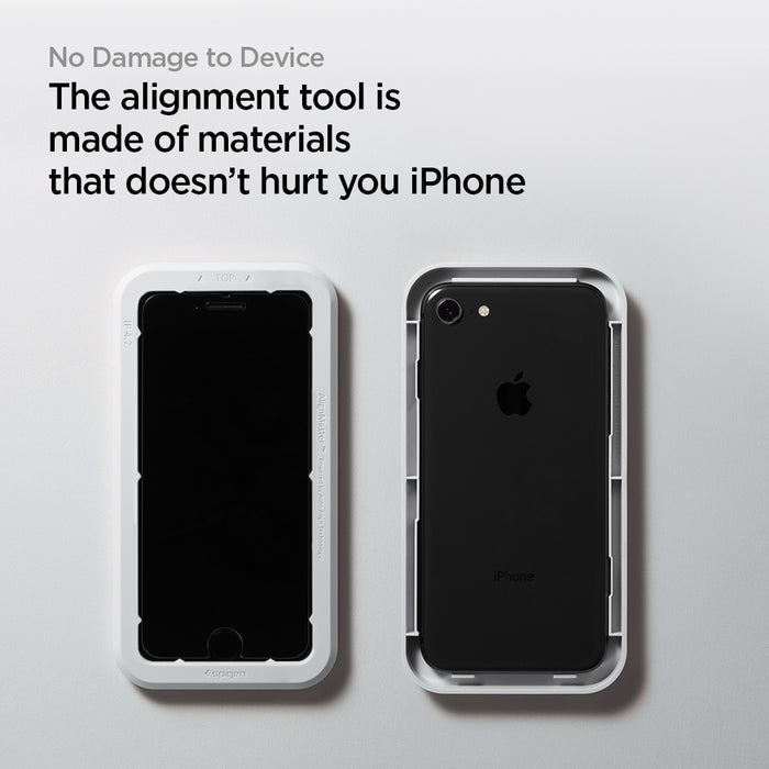 AGL01867 - iPhone SE Series Alignmaster Full Cover Screen Protector showing the alignment tool is made of materials that doesn't hurt your iPhone. To damage to the device