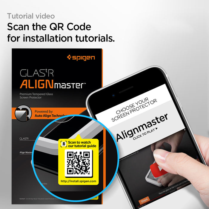 AGL01867 - iPhone SE Series Alignmaster Full Cover Screen Protector showing the tutorial video. Scan the QR Code for installation tutorials