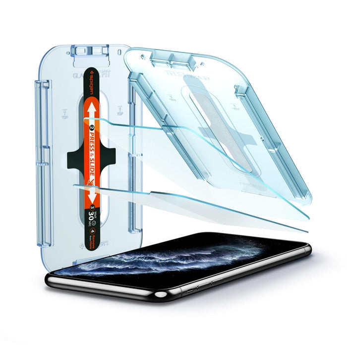 063GL25358 - iPhone XS / X Screen Protector GLAS.tR EZ Fit showing the device, ez fit tray and two screen protectors