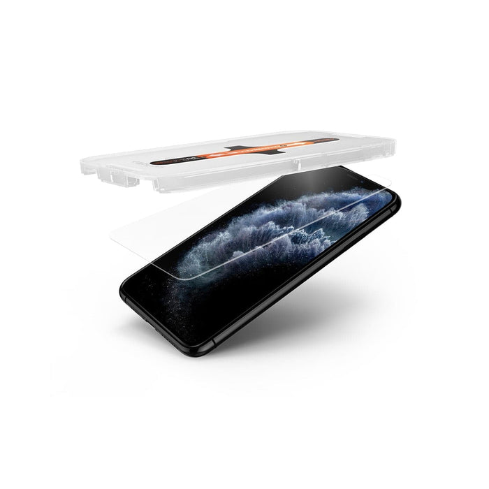 063GL25358 - iPhone XS / X Screen Protector GLAS.tR EZ Fit showing the ez fit tray and screen protector being installed onto the device