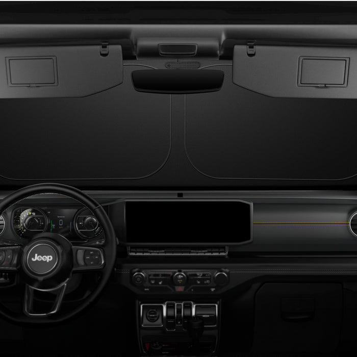 ACP09110 - Wrangler (2024) CryoShade JO260 in Black showing the front (inside) of the vehicle with sunshade installed