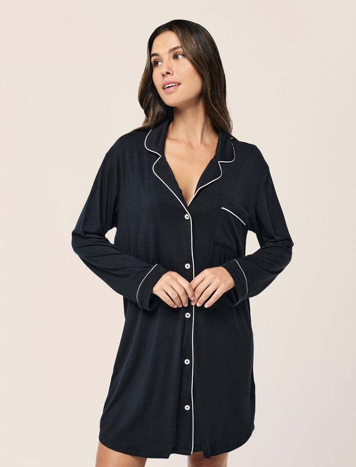 Tamara wearing the Kate Modal Soft Nightshirt
[model: Tamara wears size S |  Height: 173m
/ 5’8” | Bust: 81cm | Waist: 64cm| Hips: 91cm]