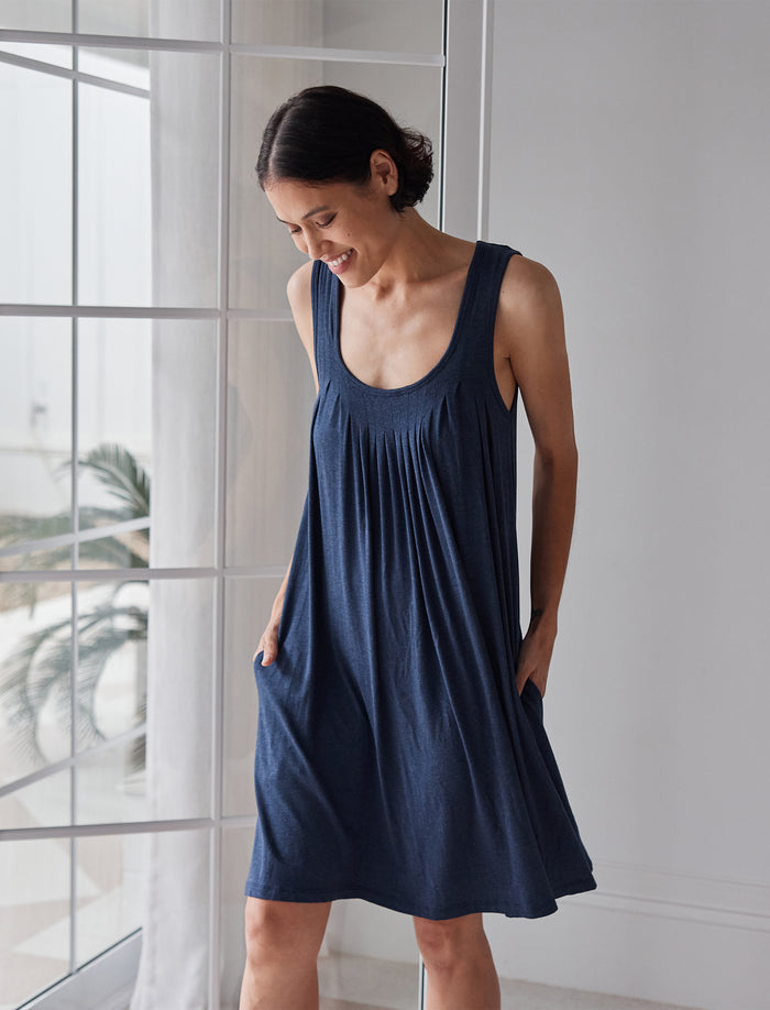 Bianca wearing the Kate Modal Soft Pleat Front Nightgown
[model: Bianca wears size S |  Height: 179cm
/ 5’10” | Bust: 81cm | Waist: 64cm | Hips: 89cm]
