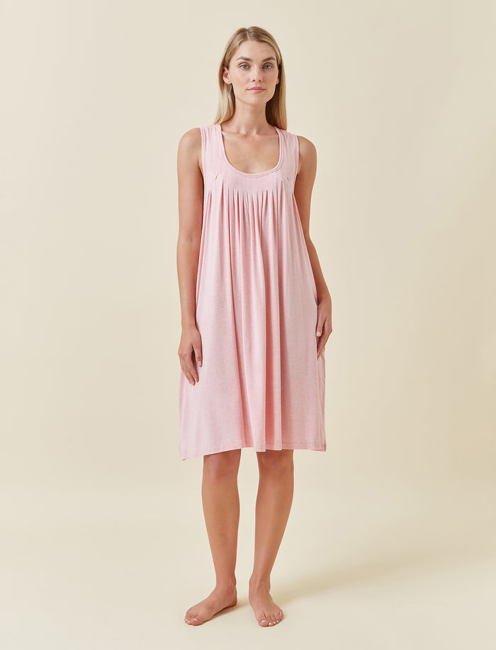 Lilly wearing the Kate Modal Soft Pleat Front Nightgown
[model: Lilly wears size S |  Height: 170cm
/ 5’7” | Bust: 75cm | Waist: 58cm | Hips: 89cm]
