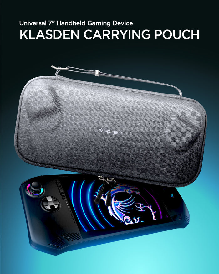 AGP09835 - Klasden Gaming Pouch 7 inch in Charcoal Gray showing Universal 7'' Handheld Gaming Device. Klasden carrying pouch