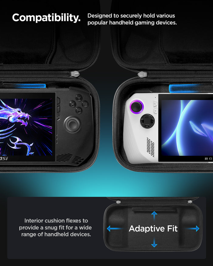 AGP09835 - Klasden Gaming Pouch 7 inch in Charcoal Gray showing compatibility. Designed to securely hold various popular handheld gaming device.