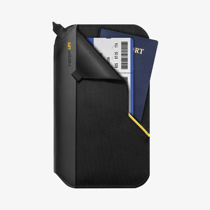 AFA07574 - Klasden Passport Organizer KD500 in Black showing the front, partially open with ticket and passport inside