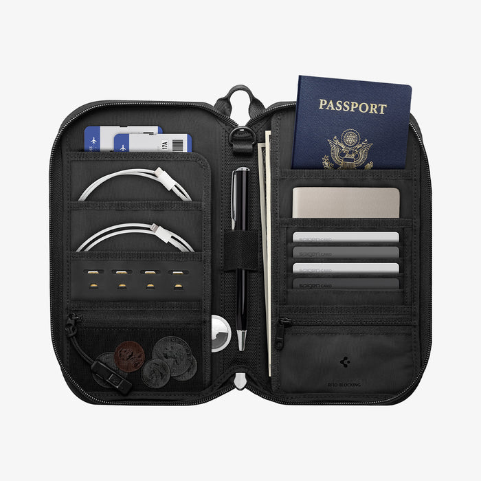 AFA07574 - Klasden Passport Organizer KD500 in Black showing the inner with multiple stuff inserted
