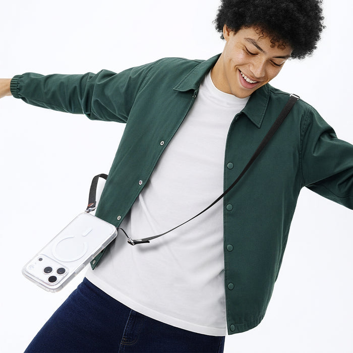 AFA10614 - Spigen Universal Phone Lanyard Strap worn crossbody with phone hanging on the side