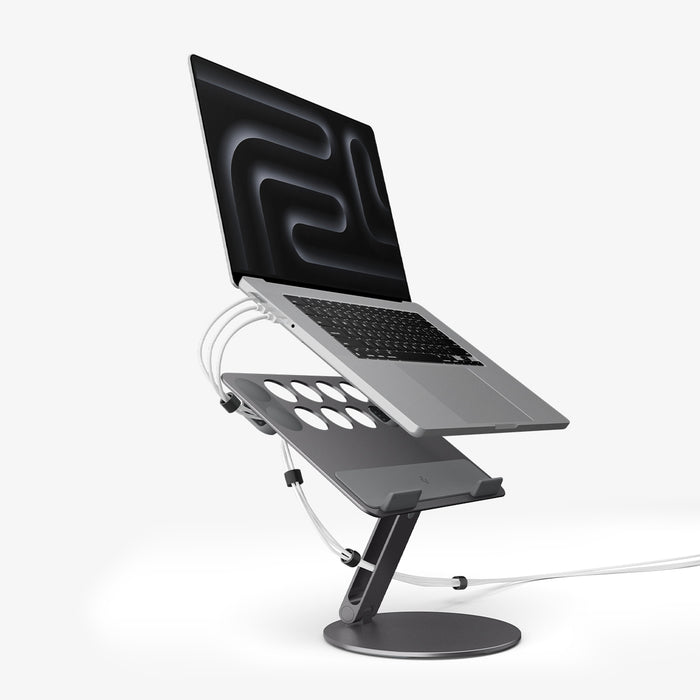 AMP09303 - Laptop Stand | LD206C in Space Gray showing the front and side with laptop hovering above the stand