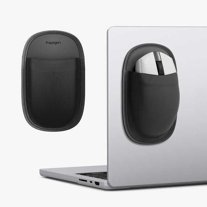 APP11227 - Laptop/Tablet Mouse Holder | LD220 in Black showing a slim adhesive sleeve mounted on a laptop, securely holding a wireless mouse for convenient storage.