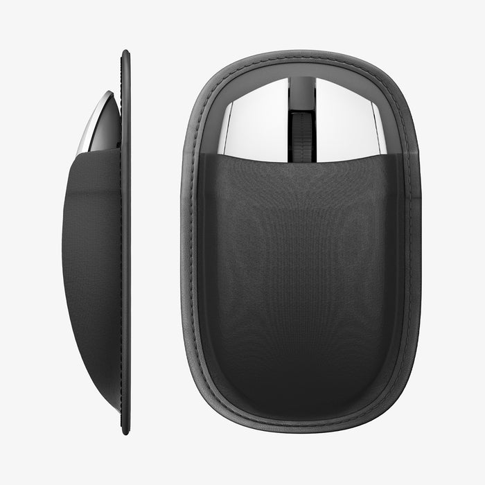 APP11227 - Laptop/Tablet Mouse Holder | LD220 in Black showing a close-up front and side view of the holder with a mouse securely tucked inside its flexible pocket.