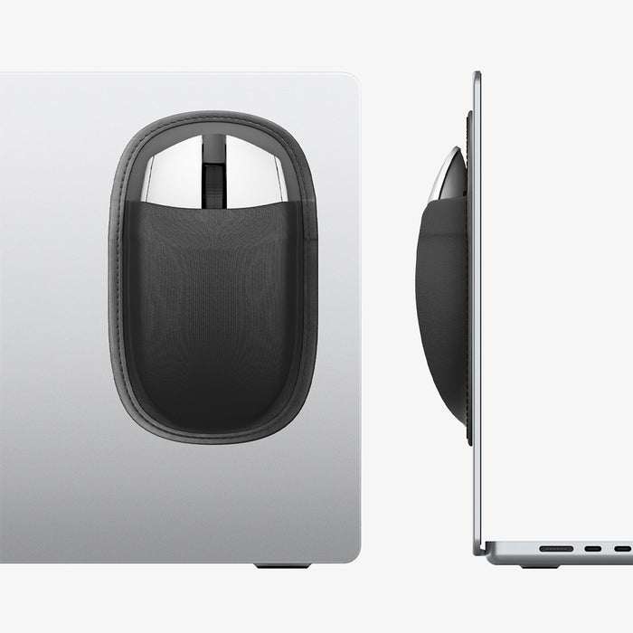 APP11227 - Laptop/Tablet Mouse Holder | LD220 in Black showing the holder attached to the back of a laptop with a mouse stored inside, alongside a slim side profile view.