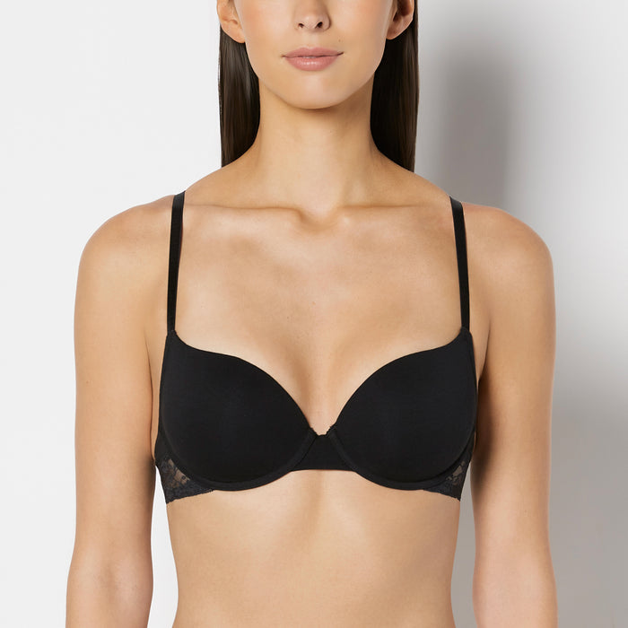 Lightly Lined Demi Cotton Bra with Lace Trim in Tuxedo Black