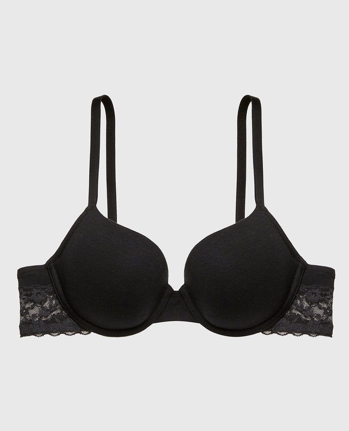 Lightly Lined Demi Cotton Bra with Lace Trim in Tuxedo Black