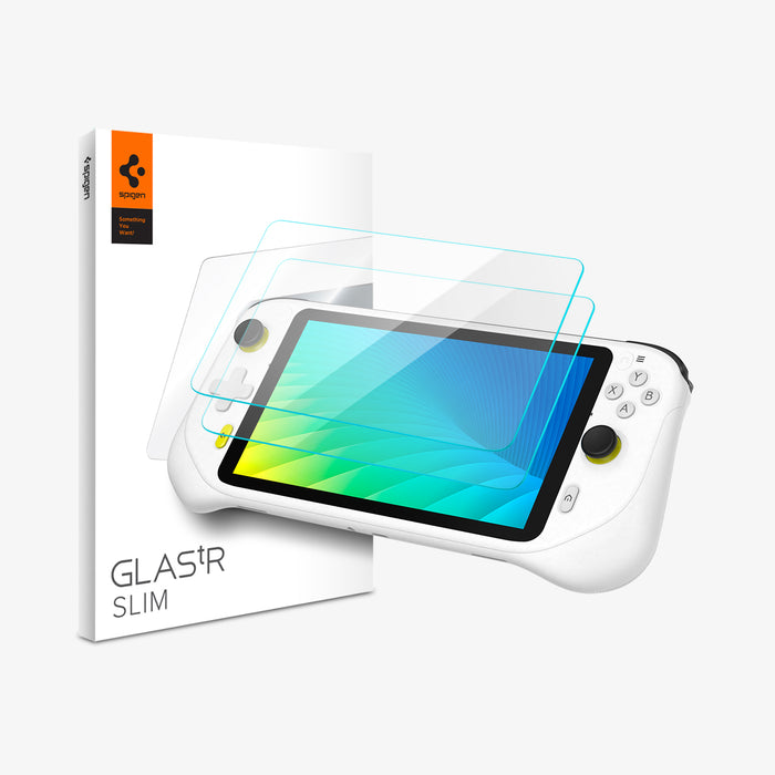 AGL09765 - Logitech G CLOUD Glas.tR SLIM in Clear showing the 2 screen protector hovering above the device and the packaging beside it